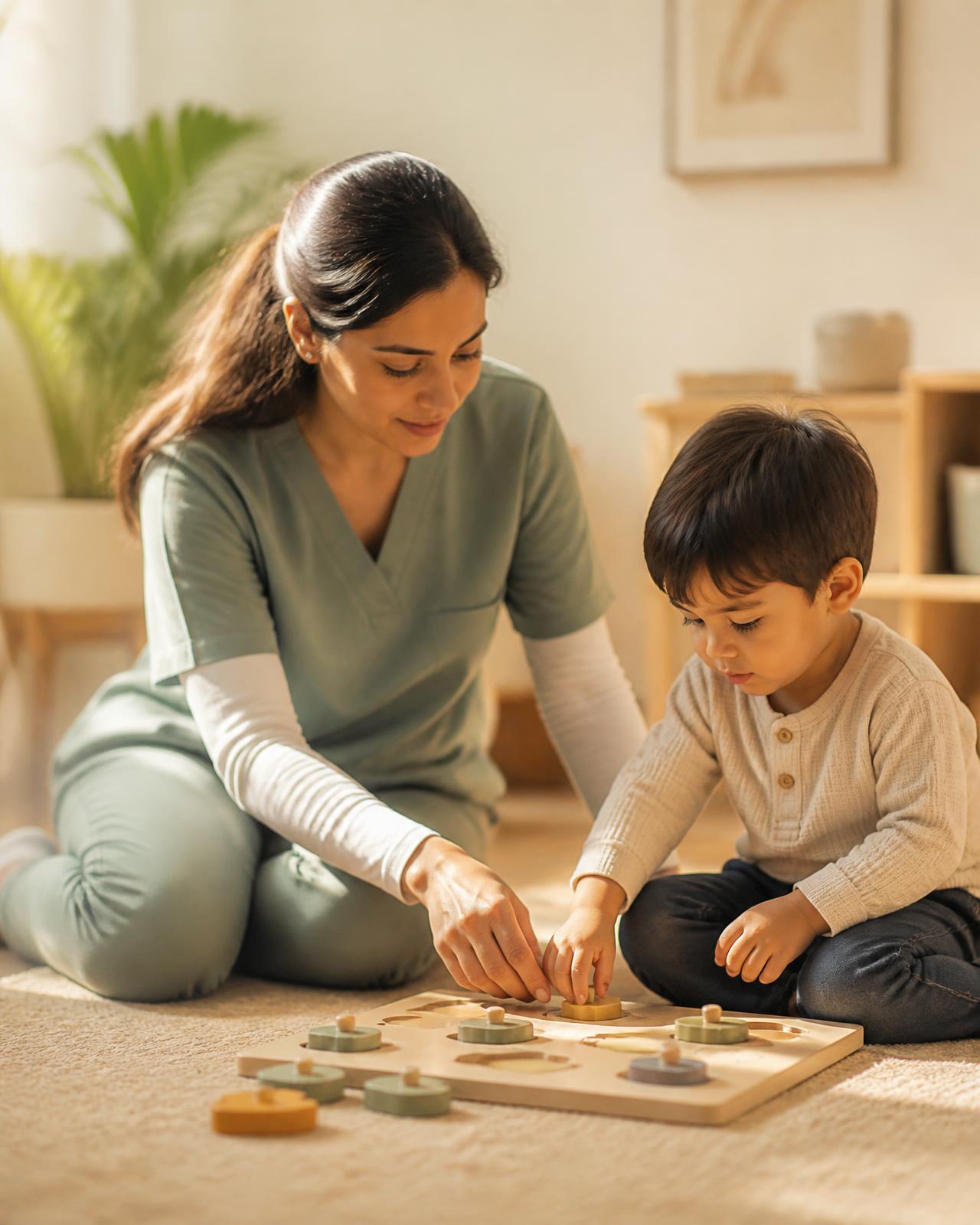 A therapist and child working together on a wooden puzzle in warm natural light